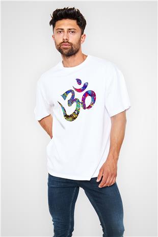 Om Baskılı Beyaz Unisex Oversize Tişört - Tshirt