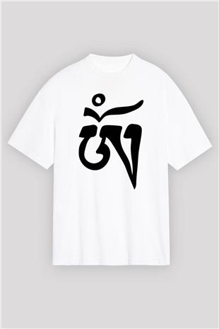 Om Baskılı Beyaz Unisex Oversize Tişört - Tshirt