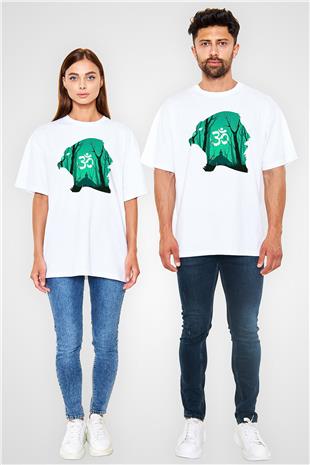 Om Baskılı Beyaz Unisex Oversize Tişört - Tshirt