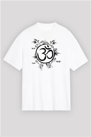 Om Baskılı Beyaz Unisex Oversize Tişört - Tshirt