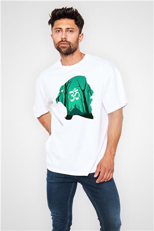 Om Baskılı Beyaz Unisex Oversize Tişört - Tshirt