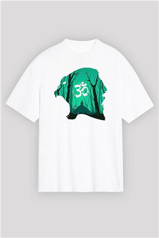 Om Baskılı Beyaz Unisex Oversize Tişört - Tshirt