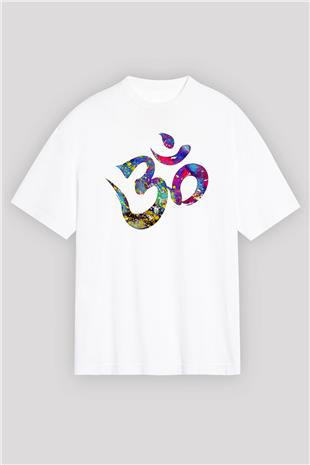 Om Baskılı Beyaz Unisex Oversize Tişört - Tshirt