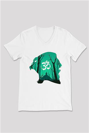 Om Baskılı Beyaz Unisex V Yaka Tişört - Tshirt