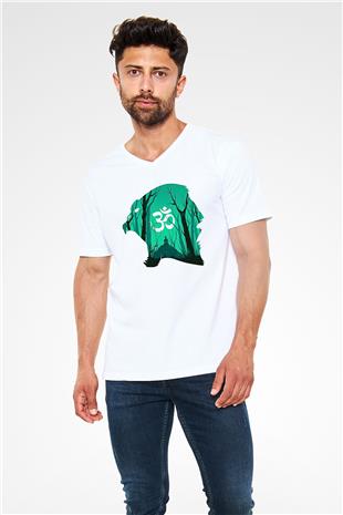 Om Baskılı Beyaz Unisex V Yaka Tişört - Tshirt