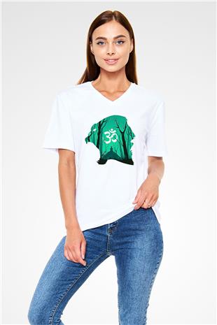 Om Baskılı Beyaz Unisex V Yaka Tişört - Tshirt