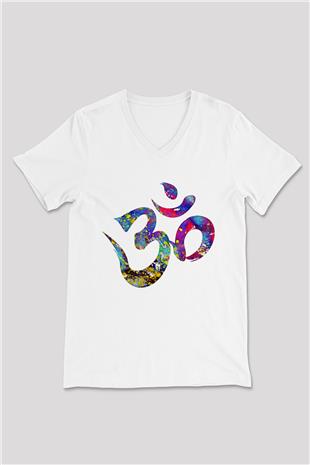 Om Baskılı Beyaz Unisex V Yaka Tişört - Tshirt
