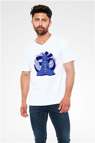 Om Baskılı Beyaz Unisex V Yaka Tişört - Tshirt