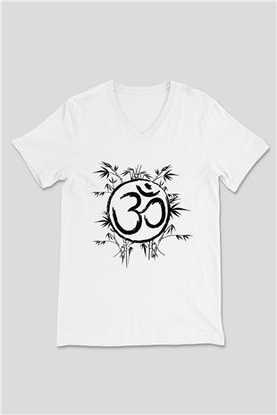 Om Baskılı Beyaz Unisex V Yaka Tişört - Tshirt