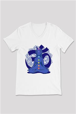 Om Baskılı Beyaz Unisex V Yaka Tişört - Tshirt