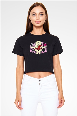 Om Baskılı Siyah Crop Top Kadın Tişört - Tshirt