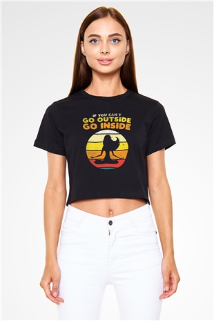 Om Baskılı Siyah Crop Top Kadın Tişört - Tshirt