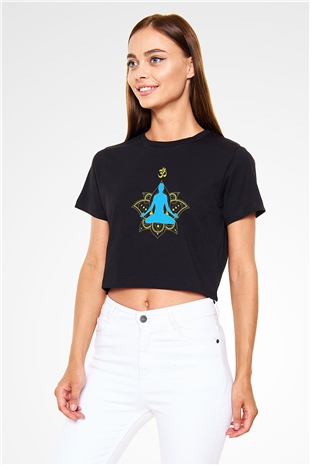 Om Baskılı Siyah Crop Top Kadın Tişört - Tshirt