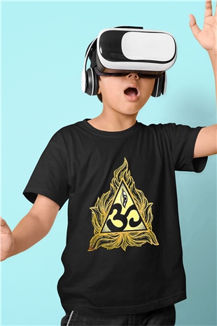 Om Baskılı Unisex Siyah Çocuk Tişört - Tshirt