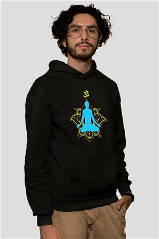 Om Baskılı Unisex Siyah Kapüşonlu Sweatshirt