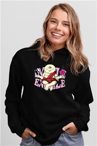Om Baskılı Unisex Siyah Kapüşonlu Sweatshirt