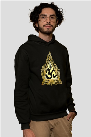 Om Baskılı Unisex Siyah Kapüşonlu Sweatshirt