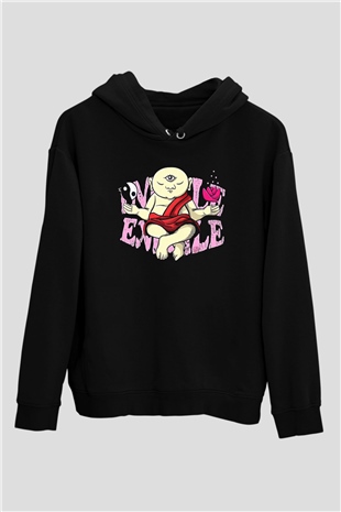 Om Baskılı Unisex Siyah Kapüşonlu Sweatshirt