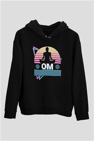 Om Baskılı Unisex Siyah Kapüşonlu Sweatshirt