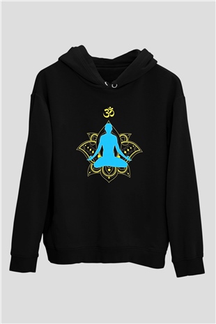 Om Baskılı Unisex Siyah Kapüşonlu Sweatshirt