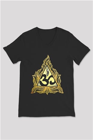 Om Baskılı Unisex Siyah V Yaka Tişört - Tshirt