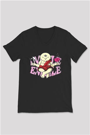 Om Baskılı Unisex Siyah V Yaka Tişört - Tshirt
