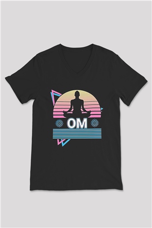 Om Baskılı Unisex Siyah V Yaka Tişört - Tshirt