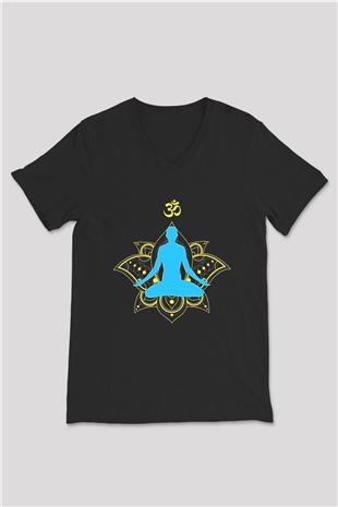 Om Baskılı Unisex Siyah V Yaka Tişört - Tshirt