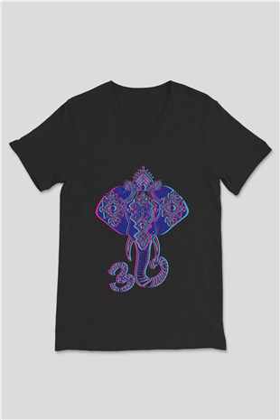 Om Baskılı Unisex Siyah V Yaka Tişört - Tshirt