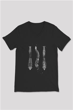 Omurga Baskılı Unisex V Yaka Siyah Tİşört - Tshirt