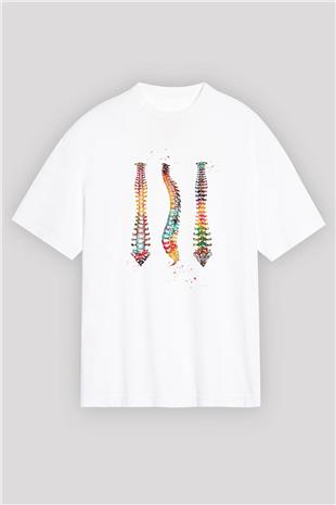 Omurga Renkli Baskılı Unisex Oversize Beyaz Tişört - Tshirt
