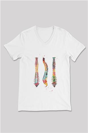 Omurga Renkli Baskılı Unisex V Yaka Beyaz Tişört - Tshirt