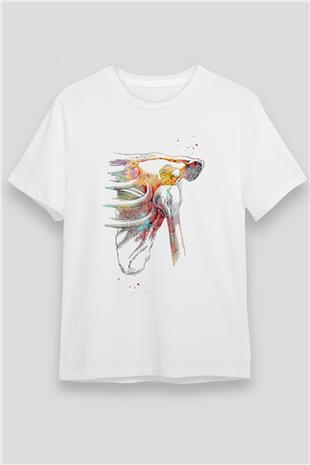 Omuz Çıkığı Baskılı Unisex Beyaz Tişört - Tshirt