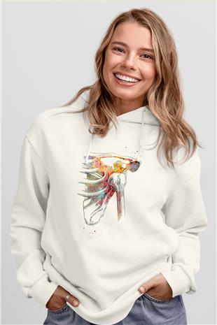 Omuz Çıkığı Baskılı Unisex Ekru Hoodie