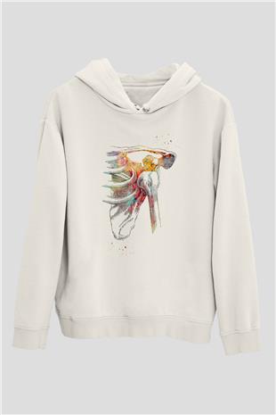 Omuz Çıkığı Baskılı Unisex Ekru Hoodie