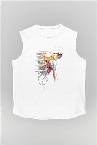 Omuz Çıkığı Baskılı Unisex Kolsuz Beyaz Tişört - Tshirt