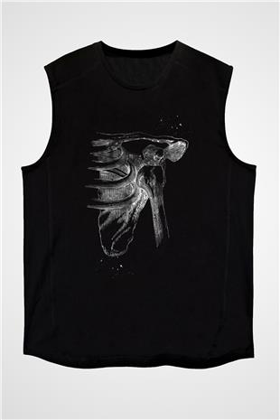 Omuz Çıkığı Baskılı Unisex Kolsuz Siyah Tişört - Tshirt