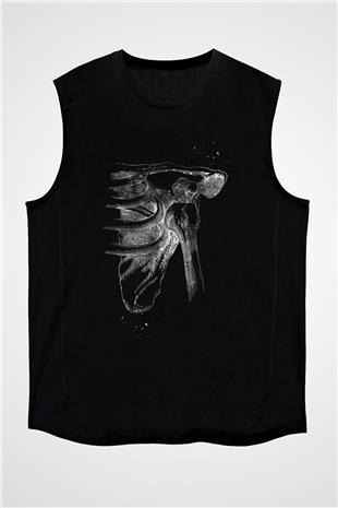 Omuz Çıkığı Baskılı Unisex Kolsuz Siyah Tişört - Tshirt