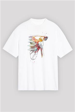Omuz Çıkığı Baskılı Unisex Oversize Beyaz Tişört - Tshirt
