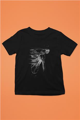 Omuz Çıkığı Baskılı Unisex Siyah Çocuk Tişörtü - Tshirt