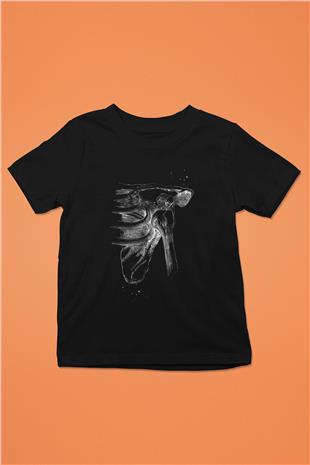 Omuz Çıkığı Baskılı Unisex Siyah Çocuk Tişörtü - Tshirt