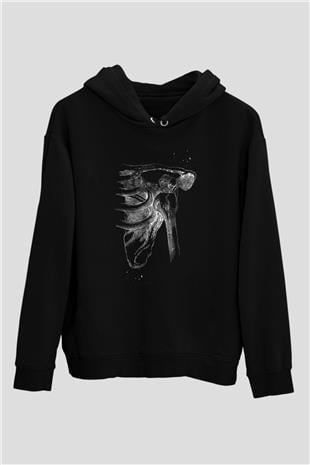 Omuz Çıkığı Baskılı Unisex Siyah Kapüşonlu Sweatshirt
