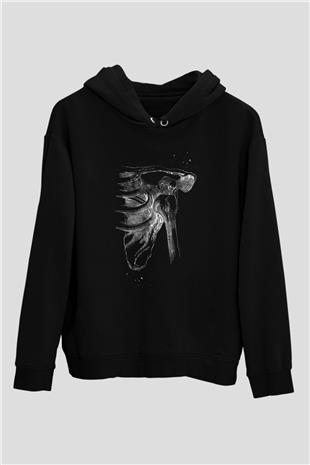 Omuz Çıkığı Baskılı Unisex Siyah Kapüşonlu Sweatshirt