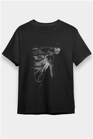 Omuz Çıkığı Baskılı Unisex Siyah Tişört - Tshirt