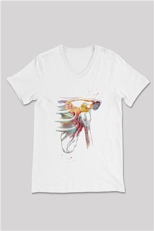 Omuz Çıkığı Baskılı Unisex V Yaka Beyaz Tişört - Tshirt