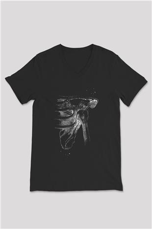Omuz Çıkığı Baskılı Unisex V Yaka Siyah Tİşört - Tshirt