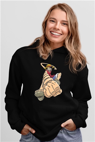 One Piece Baskılı Unisex Siyah Hoodie