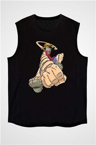 One Piece Baskılı Unisex Siyah Kolsuz Tişört - Tshirt