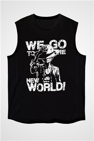 One Piece Baskılı Unisex Siyah Kolsuz Tişört - Tshirt