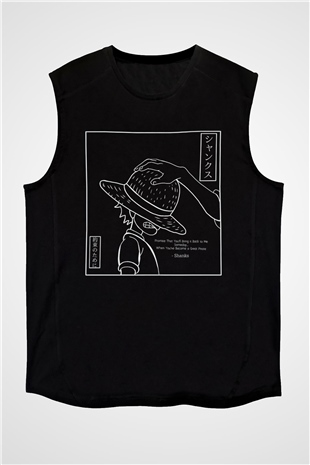 One Piece Baskılı Unisex Siyah Kolsuz Tişört - Tshirt